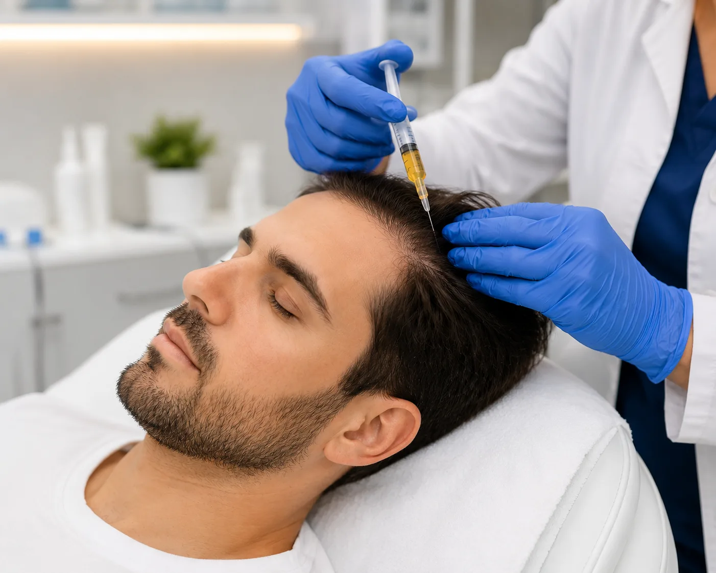 Platelet-rich plasma in a syringe on a sterile blue tray in a hair clinic